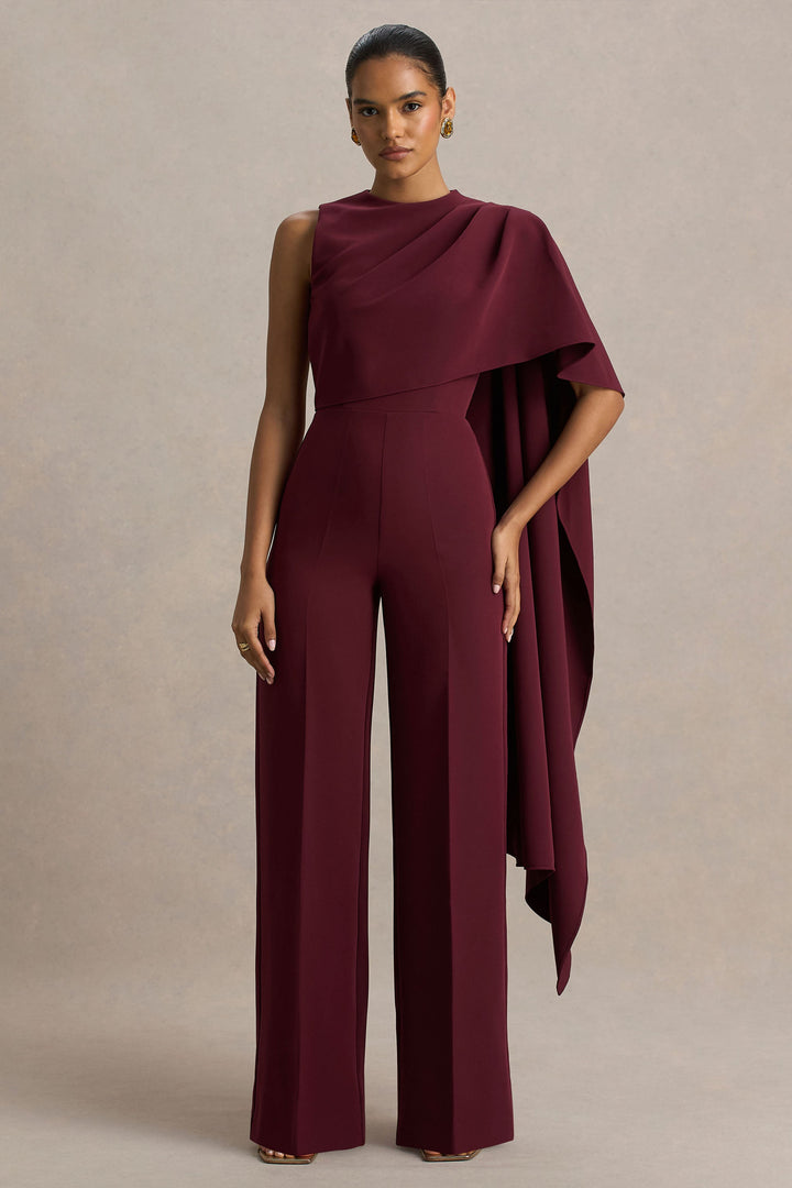 Sorenia | Burgundy High-Neck Jumpsuit With One-Cape Sleeve