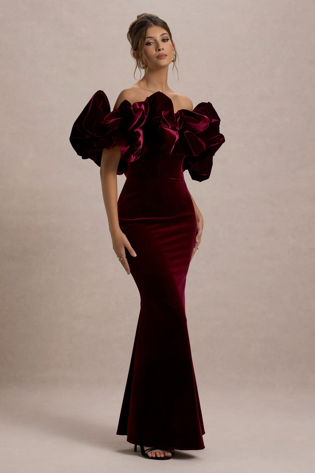 Cecily | Port Velvet Bardot Maxi Dress With Velvet Ruffle Trim