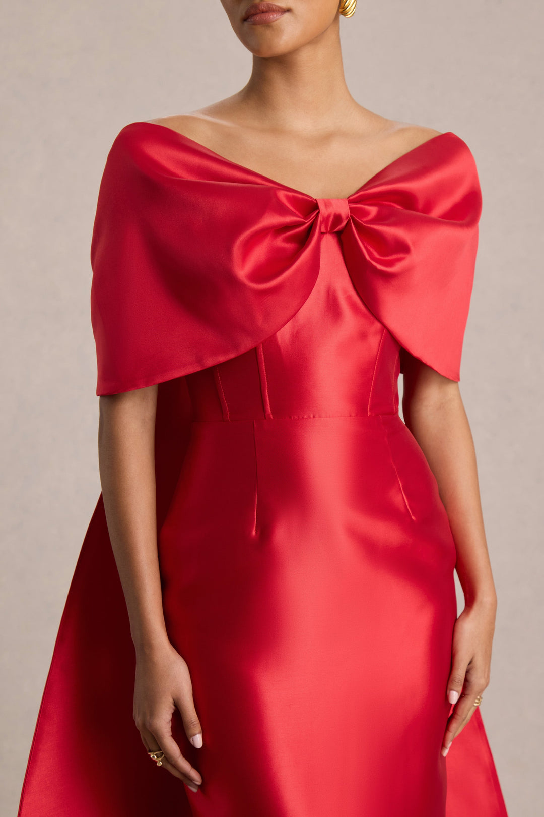 Wanting More | Red Satin Cape Maxi Dress With Oversized Bow