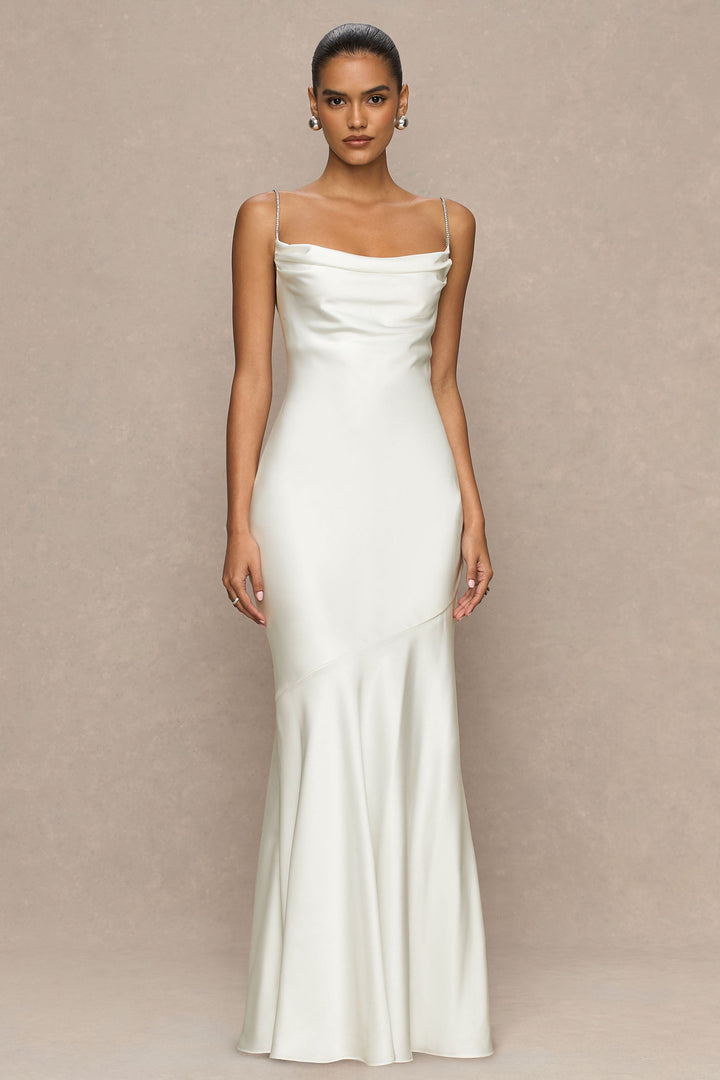 Maelia | Cream Satin Cowl-Neck Maxi Dress With Diamante Straps
