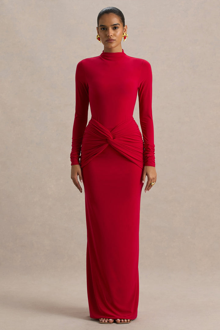 Alula | Red High-Neck Maxi Dress With Twist Detail