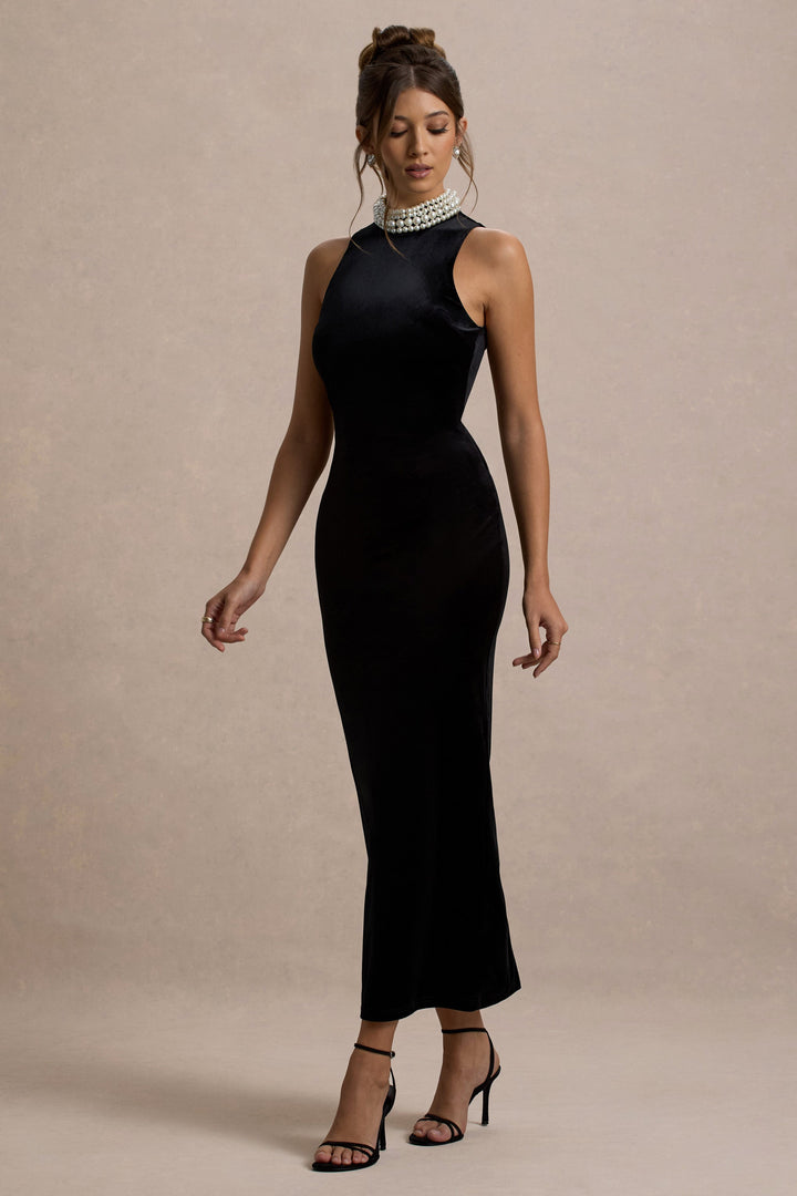 Audrine | Black Velvet Embellished High-Neck Maxi Dress