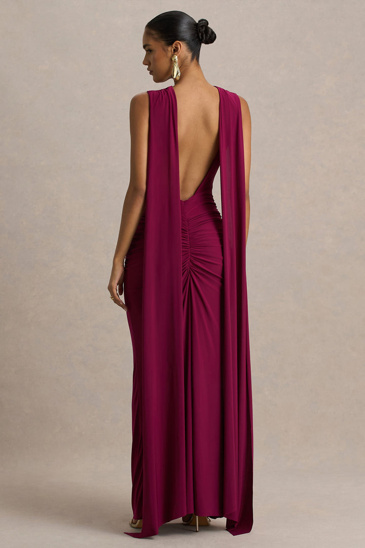 Premiere | Burgundy Boat-Neck Maxi Dress With Open-Back And Cape-Sleeves