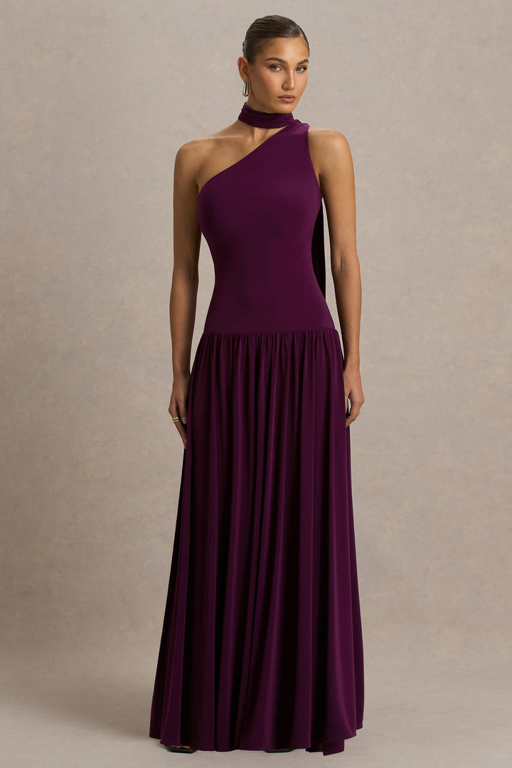 Freesia | Plum Asymmetric-Neck Maxi Dress With Scarf-Detail