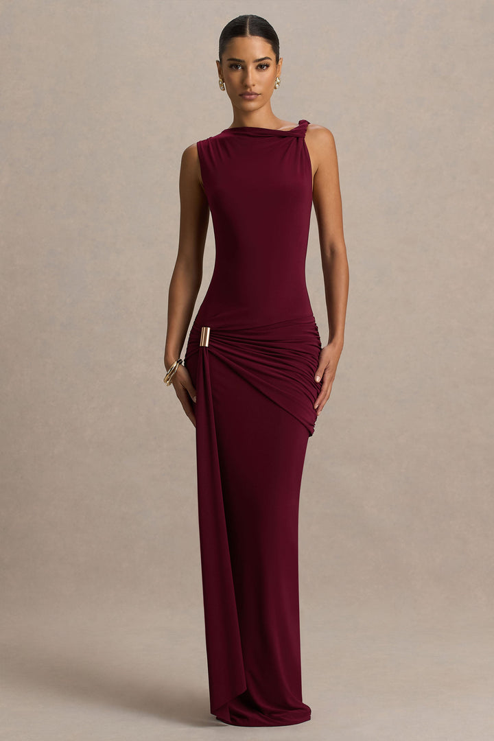 Decadence | Burgundy High-Neck Wrapped Maxi Dress With Twist-Sleeve