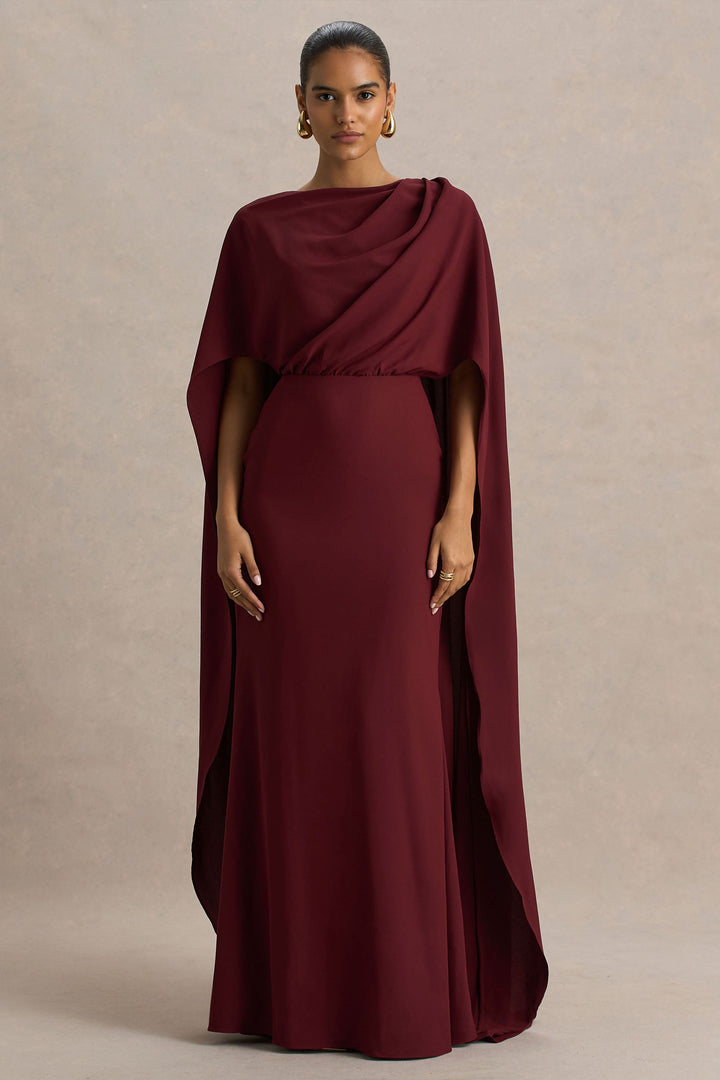 Pristina | Burgundy Boat-Neck Woven Maxi Dress With Cape Detail