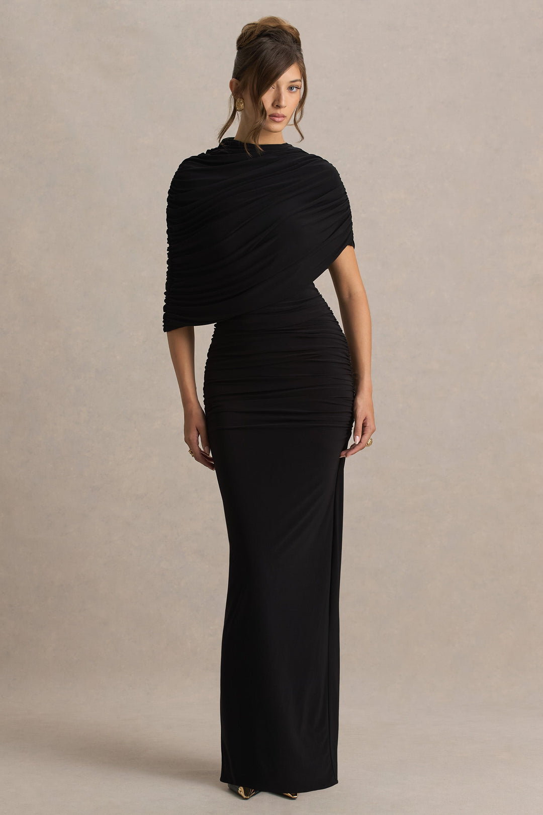 Glitz | Black High-Neck Maxi Dress With Cape Sleeve and Ruched Detail