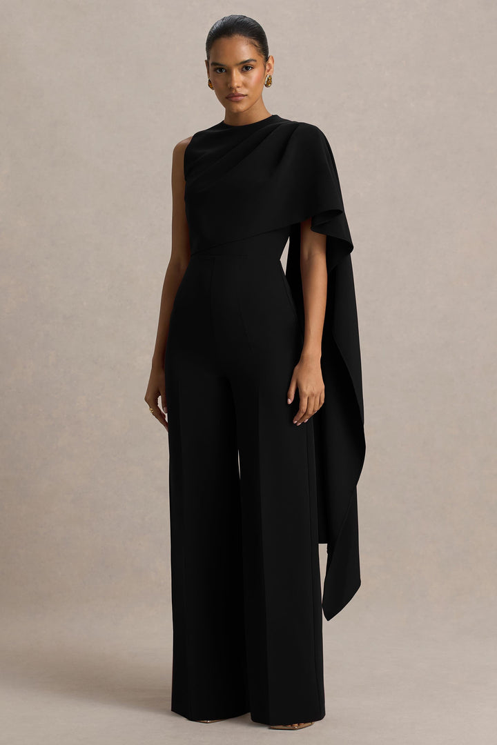 Sorenia | Black High-Neck Jumpsuit With One-Cape Sleeve