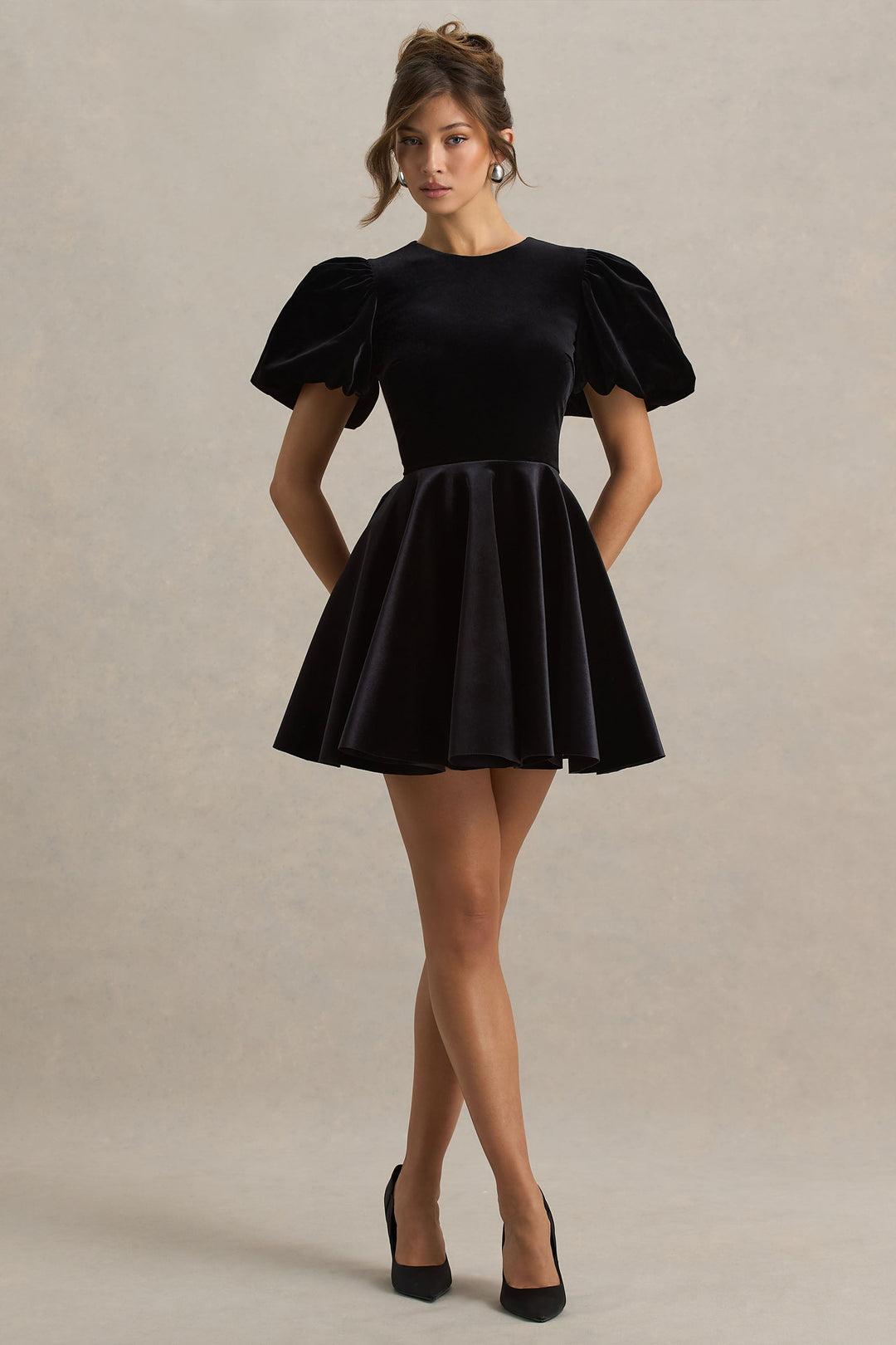 Priya | Black Velvet Mini Dress With Puff Sleeves