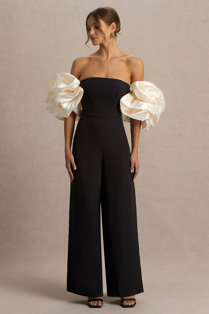 Panama | Black Bardot Jumpsuit With Cream Puff Sleeves