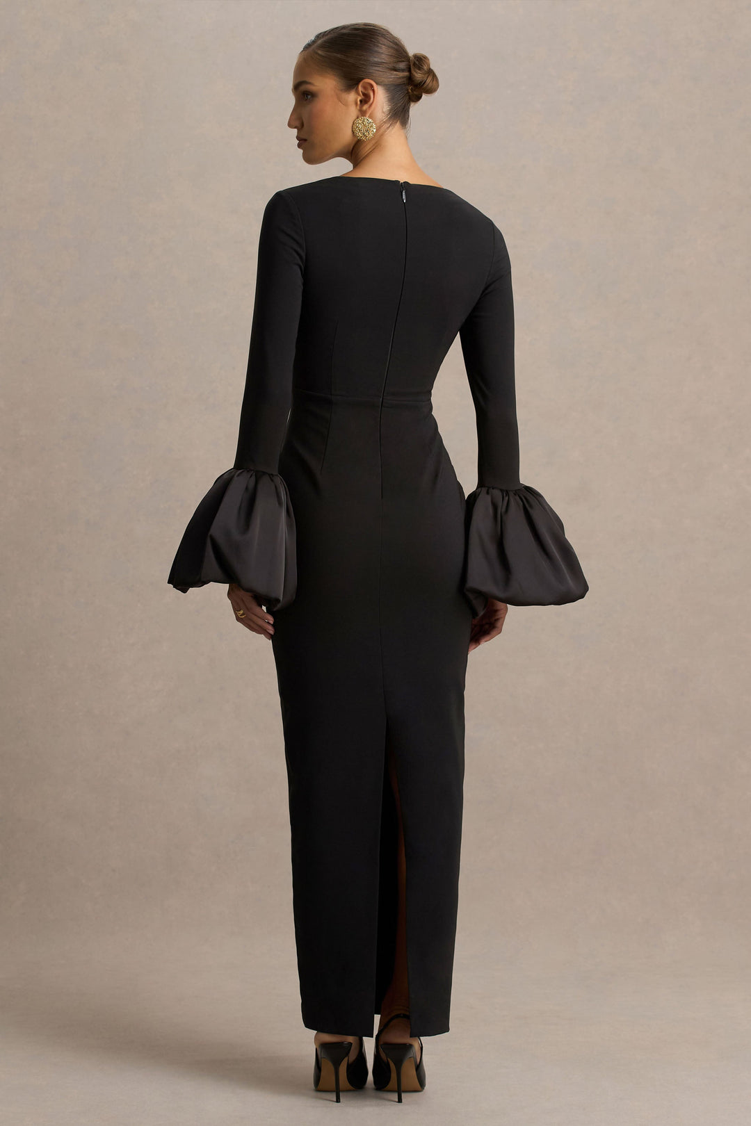 Retreat | Black Square-Neck Maxi Dress With Satin Puff-Sleeves