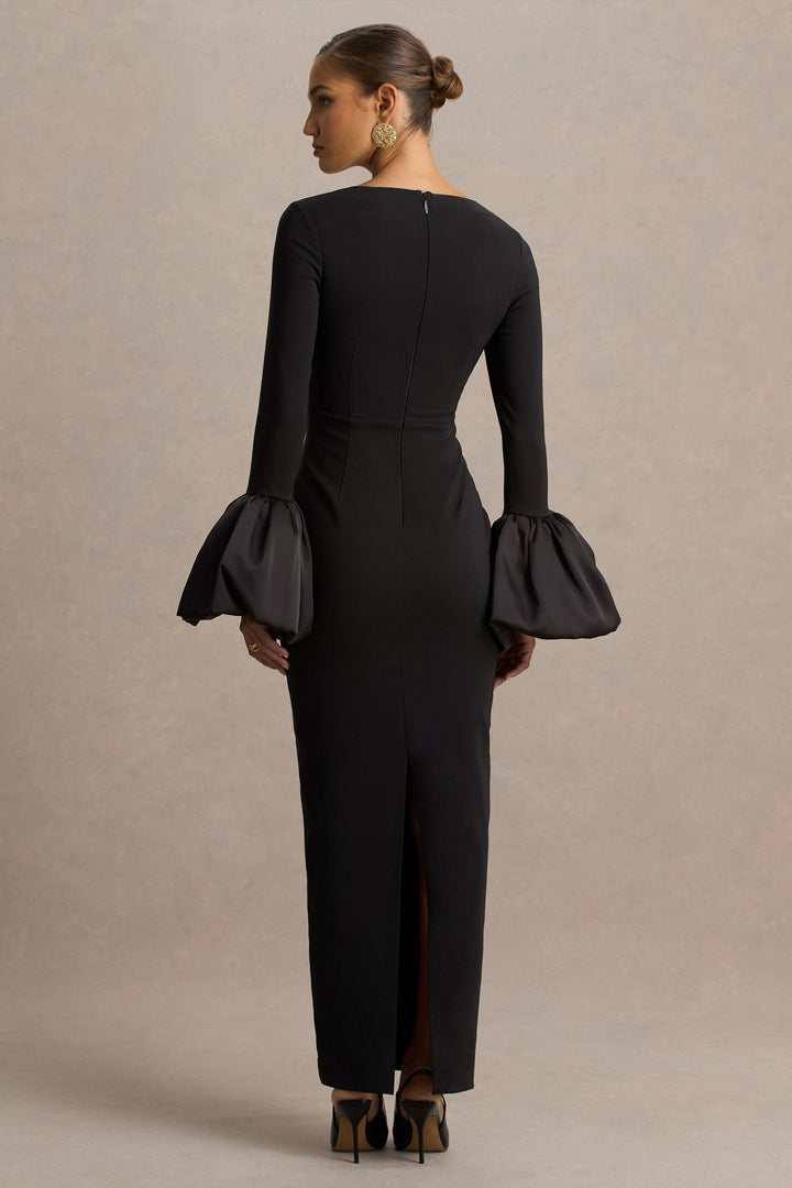 Retreat | Black Square-Neck Maxi Dress With Satin Puff-Sleeves
