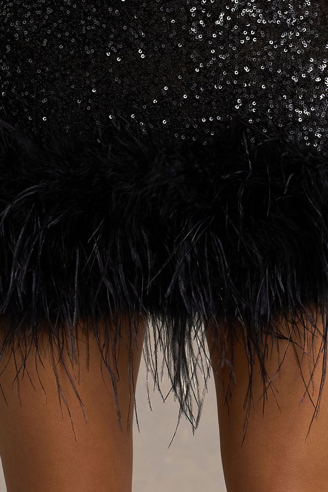 Rosalinda | Black Sequin Square-Neck Mini Dress With Feather Trim