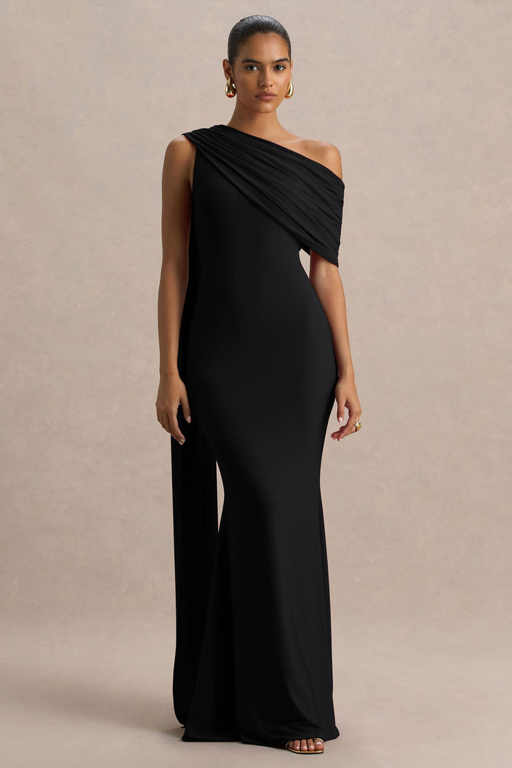 Zendaya | Black Asymmetric-Neck Fishtail Maxi Dress With Sash