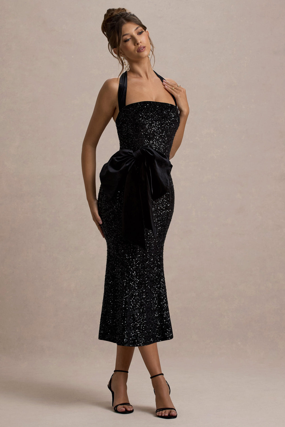 Adee | Black Velvet Halter-Neck Midi Dress With Bow