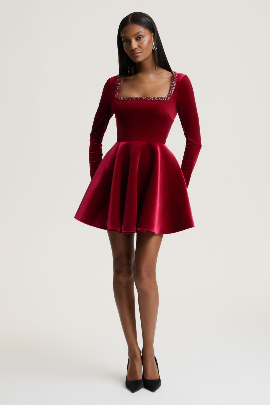 Beloved | Burgundy Velvet Hand-Embellished Square-Neck Mini Dress
