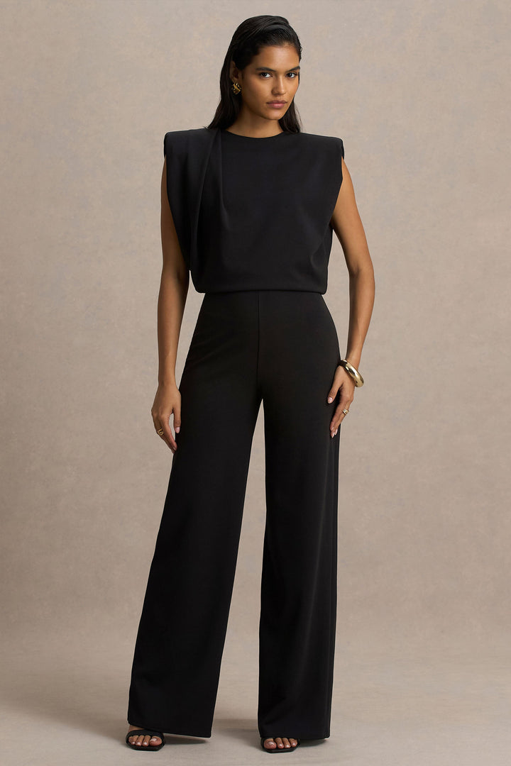 Tiff | Black Crew-Neck Jumpsuit With Draped Detailing