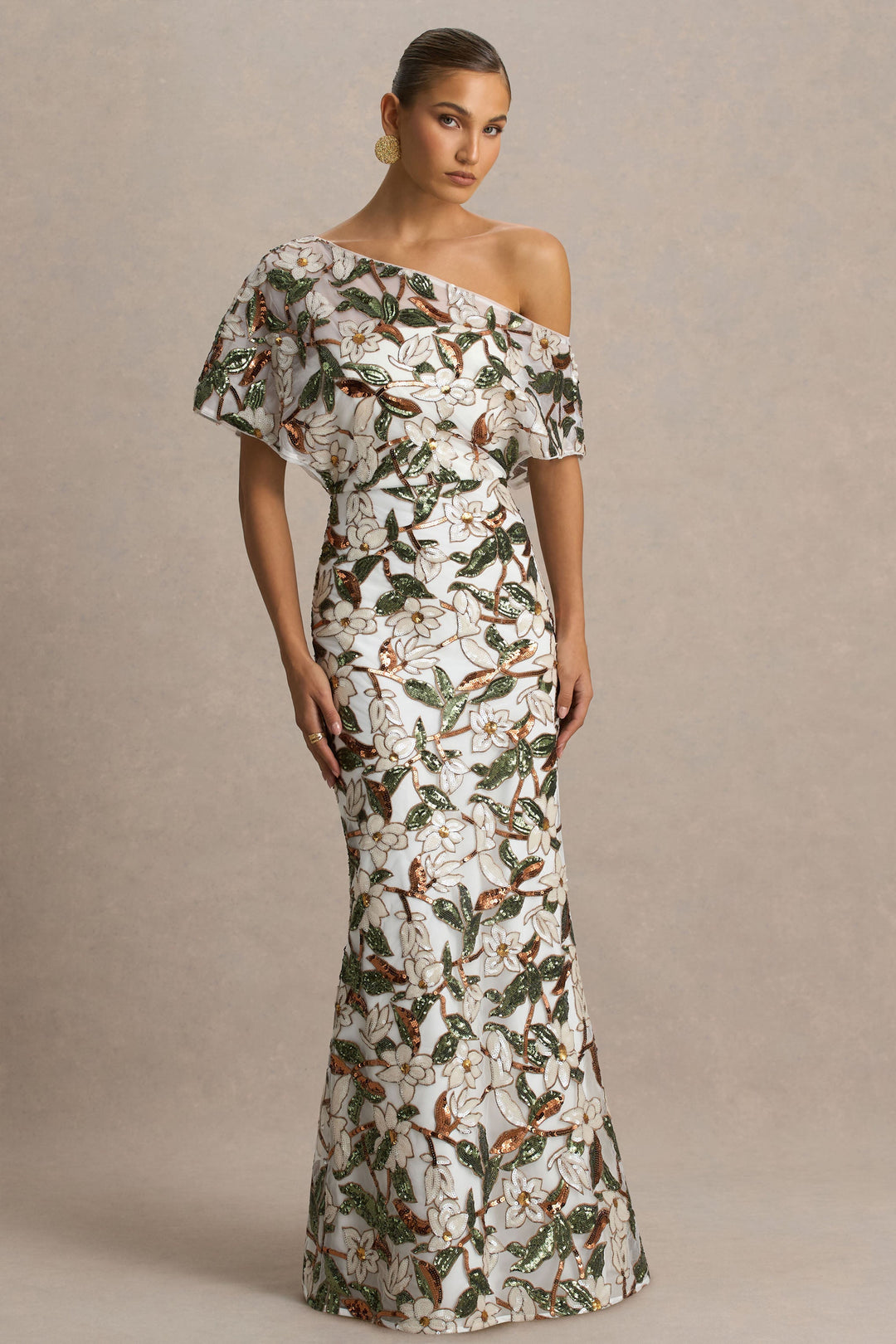 Iony | White And Green Embellished Sequin Floral And Mesh Asymmetric-Neck Maxi Dress