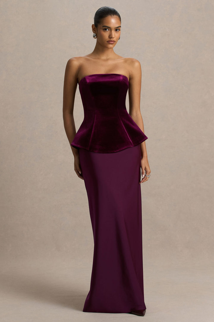 Indulgent | Burgundy Velvet And Satin Bandeau Corset Maxi Dress