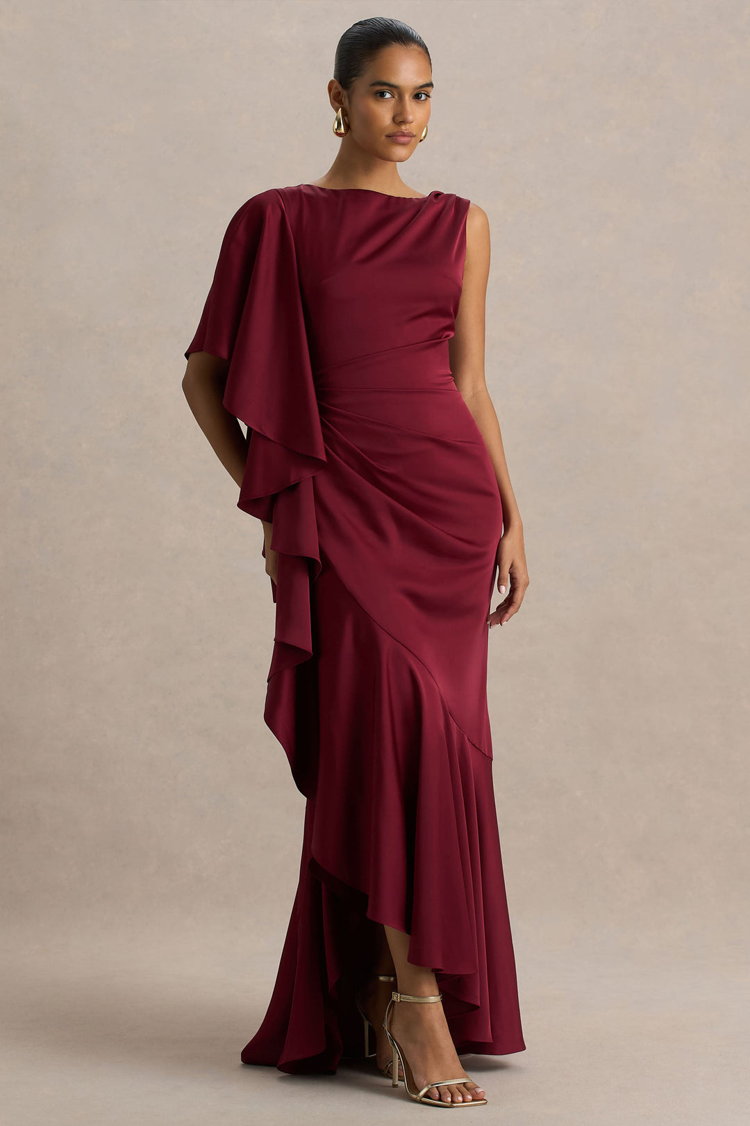 Rosy | Burgundy Satin Boat-Neck Maxi Dress With Front Split And Ruffled Detailing