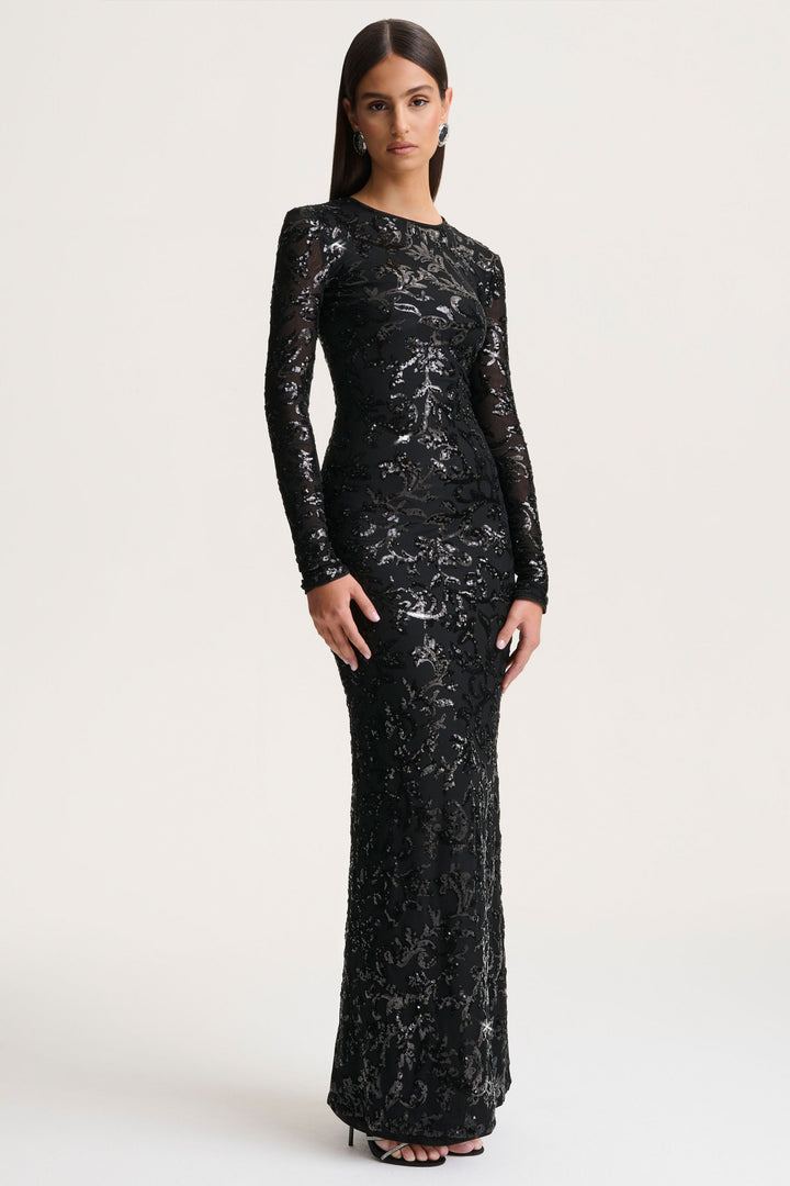 Stellar | Black Embellished Lace High-Neck Maxi Dress With Long Sleeves