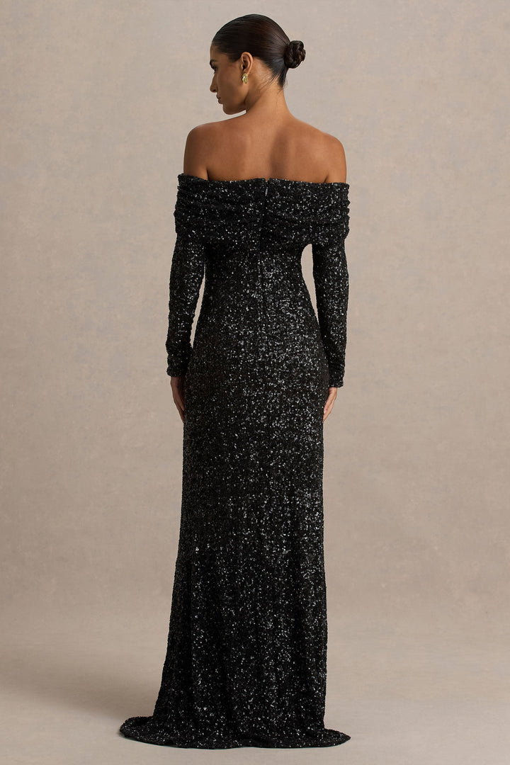 Obsession | Black Sequin Bardot-Neck Maxi Dress With Long Sleeves