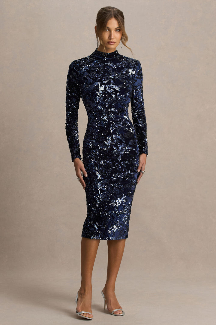 Alanita | Navy Velvet And Sequin Embellished High-Neck Midi Dress With Long Sleeves
