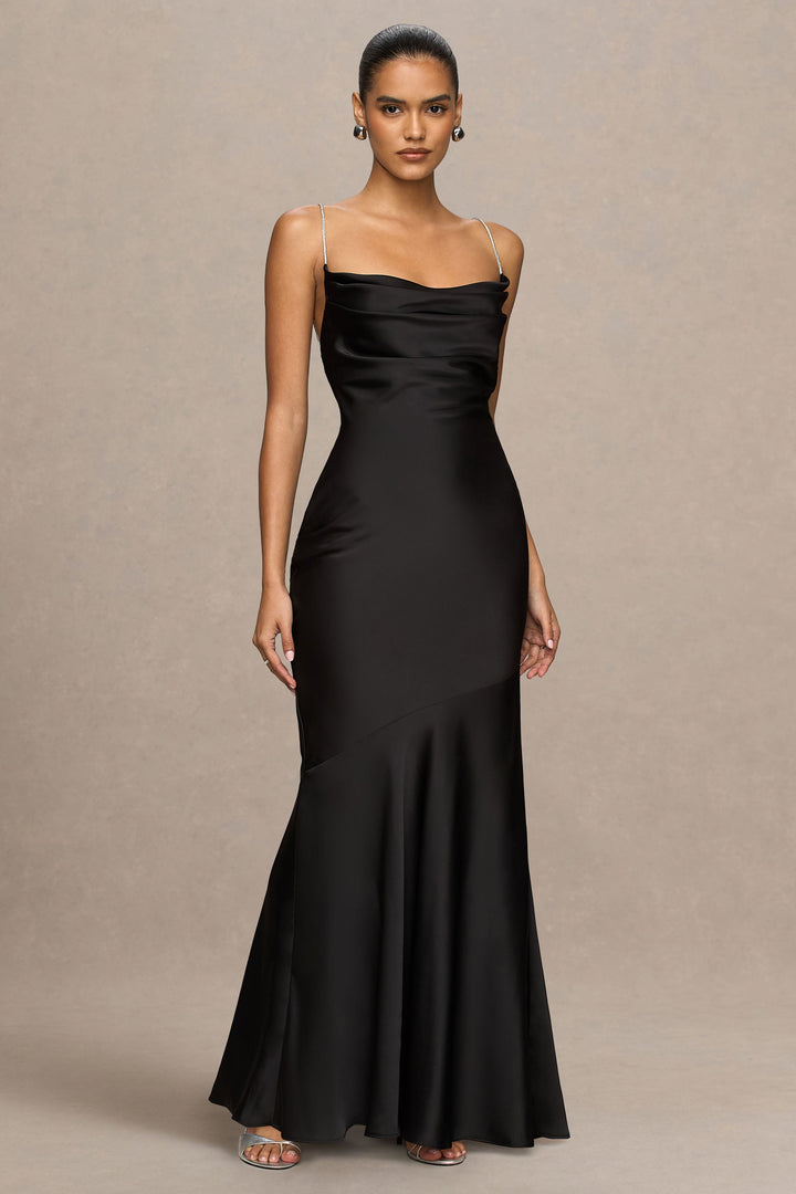 Maelia | Black Satin Cowl-Neck Maxi Dress With Diamante Straps