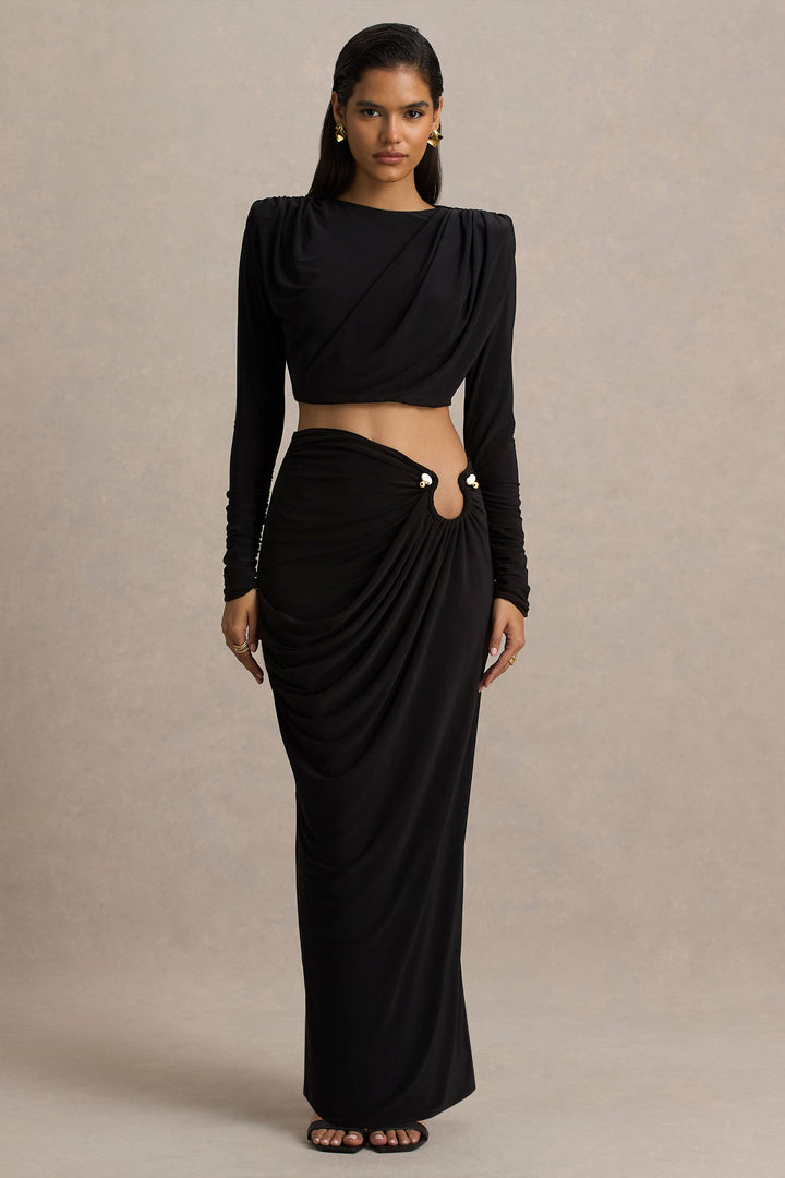 Avaline | Black Wrap Maxi Skirt With Ruched Detailing