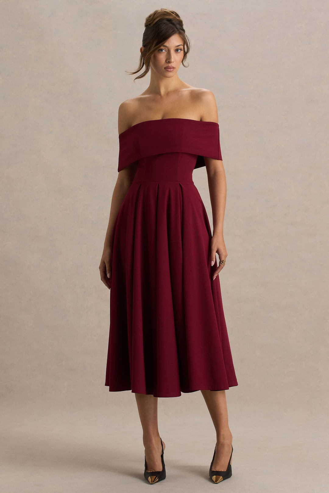 Isabella | Burgundy Bardot-Neck Midi Dress