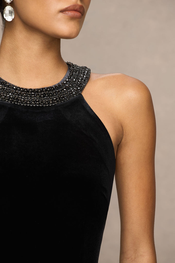 Darya | Black Velvet Embellished High-Neck Maxi Dress