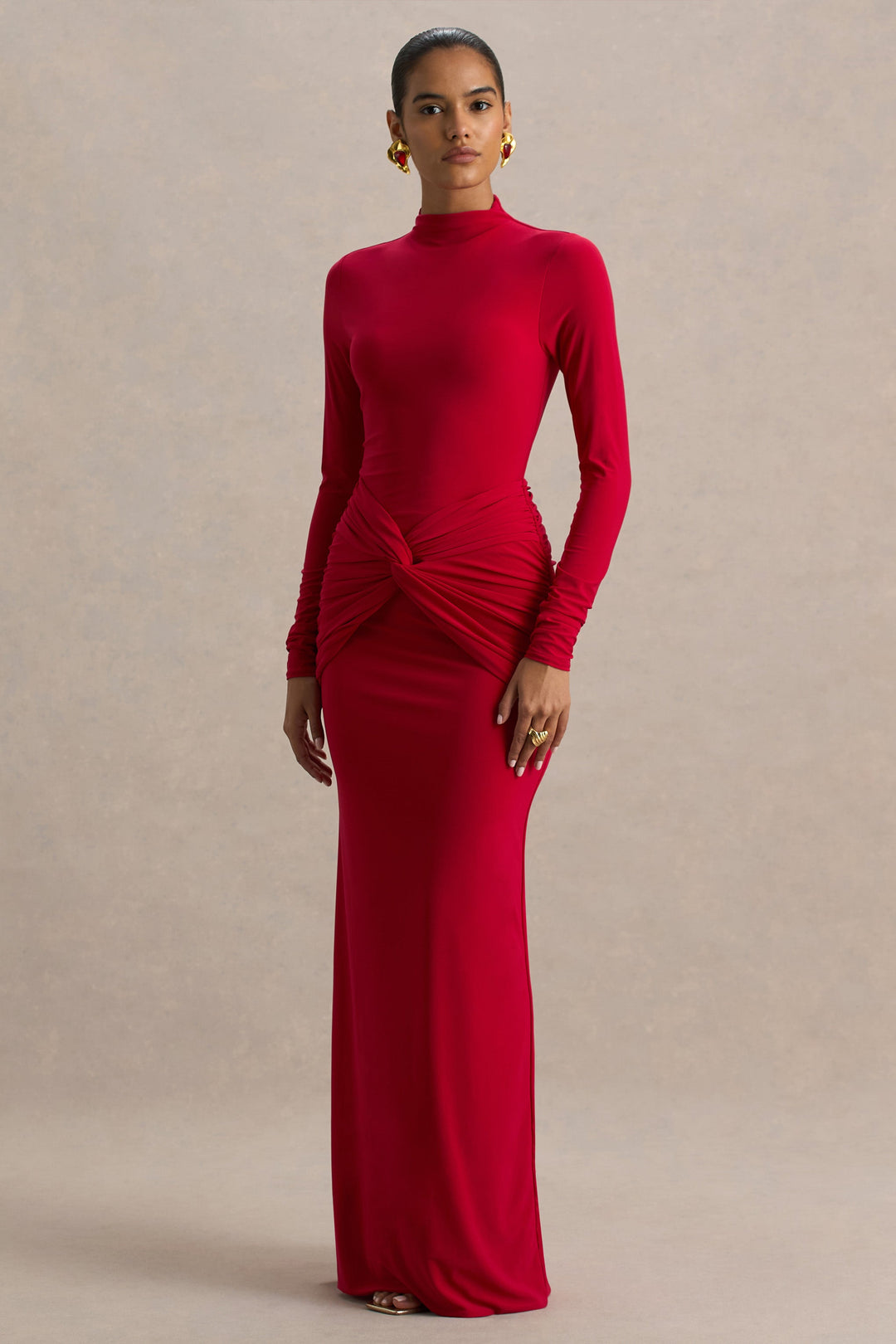 Alula | Red High-Neck Maxi Dress With Twist Detail