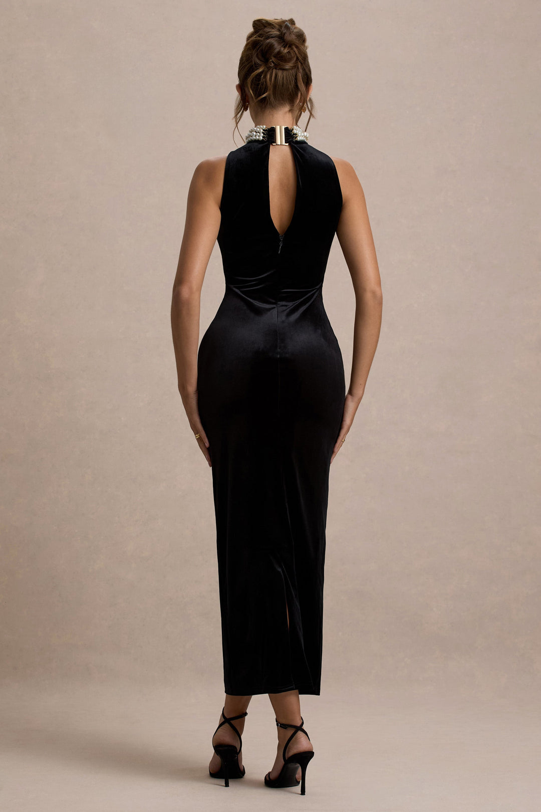 Audrine | Black Velvet Embellished High-Neck Maxi Dress