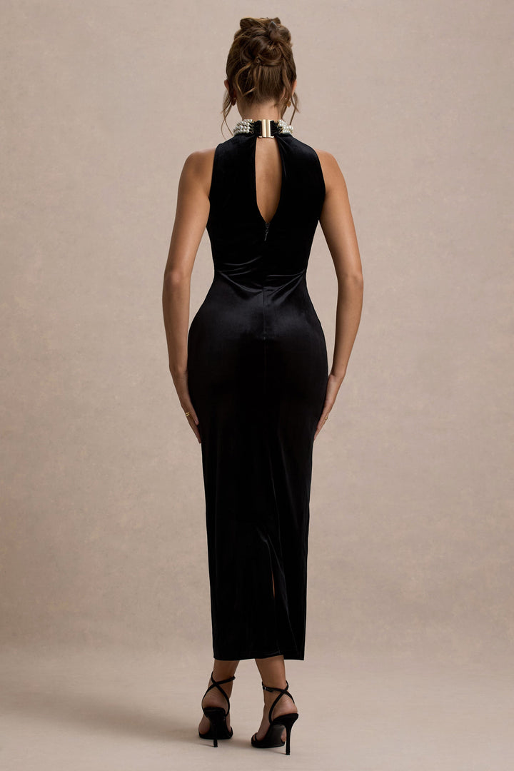 Audrine | Black Velvet Embellished High-Neck Maxi Dress