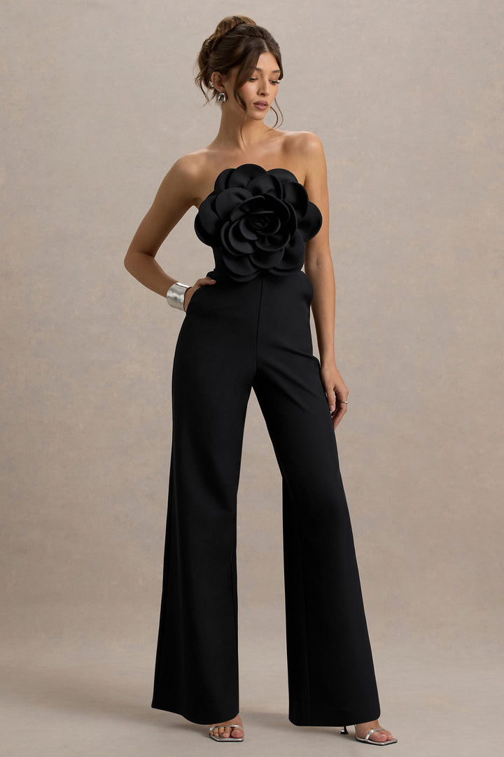 Opia | Black Bandeau Wide-Leg Jumpsuit With Large Floral Corsage