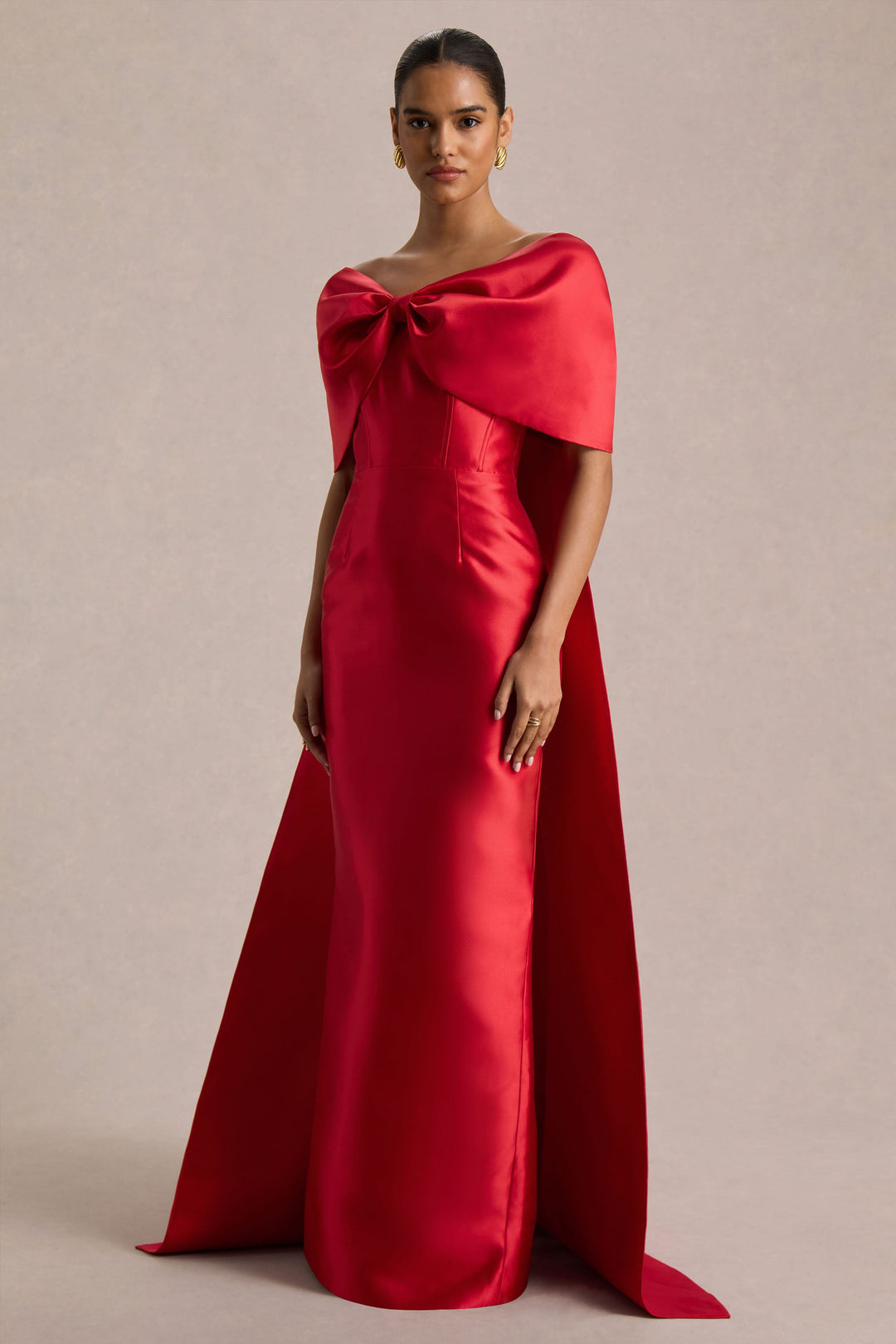 Wanting More | Red Satin Cape Maxi Dress With Oversized Bow