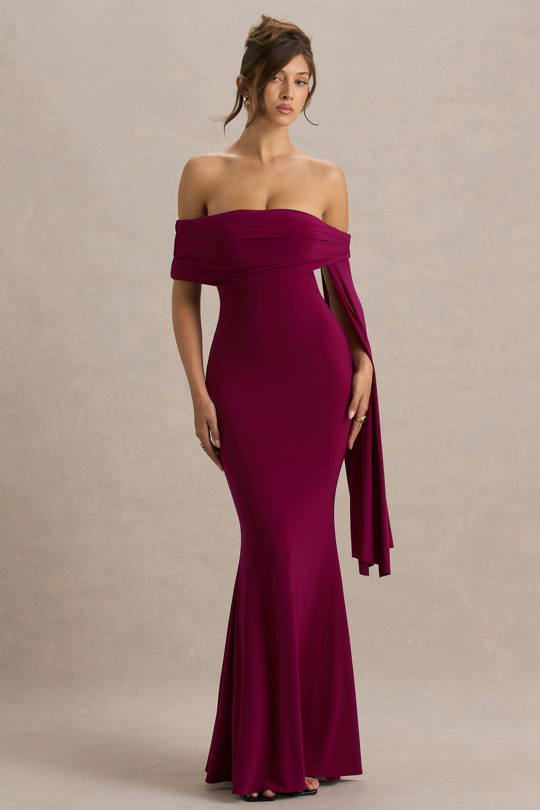 Saffina | Burgundy Bardot-Neck Maxi Dress With Sash Detail