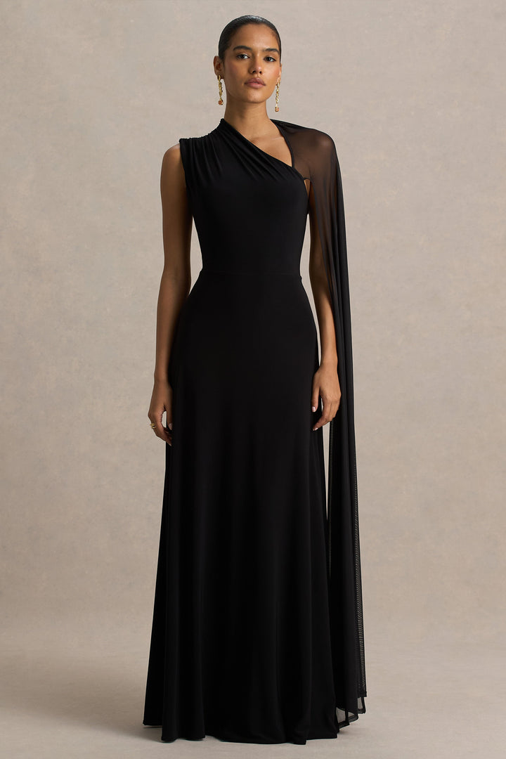 Selena | Black High-Neck Maxi Dress With Cut-Out And Cape Sleeve Detail