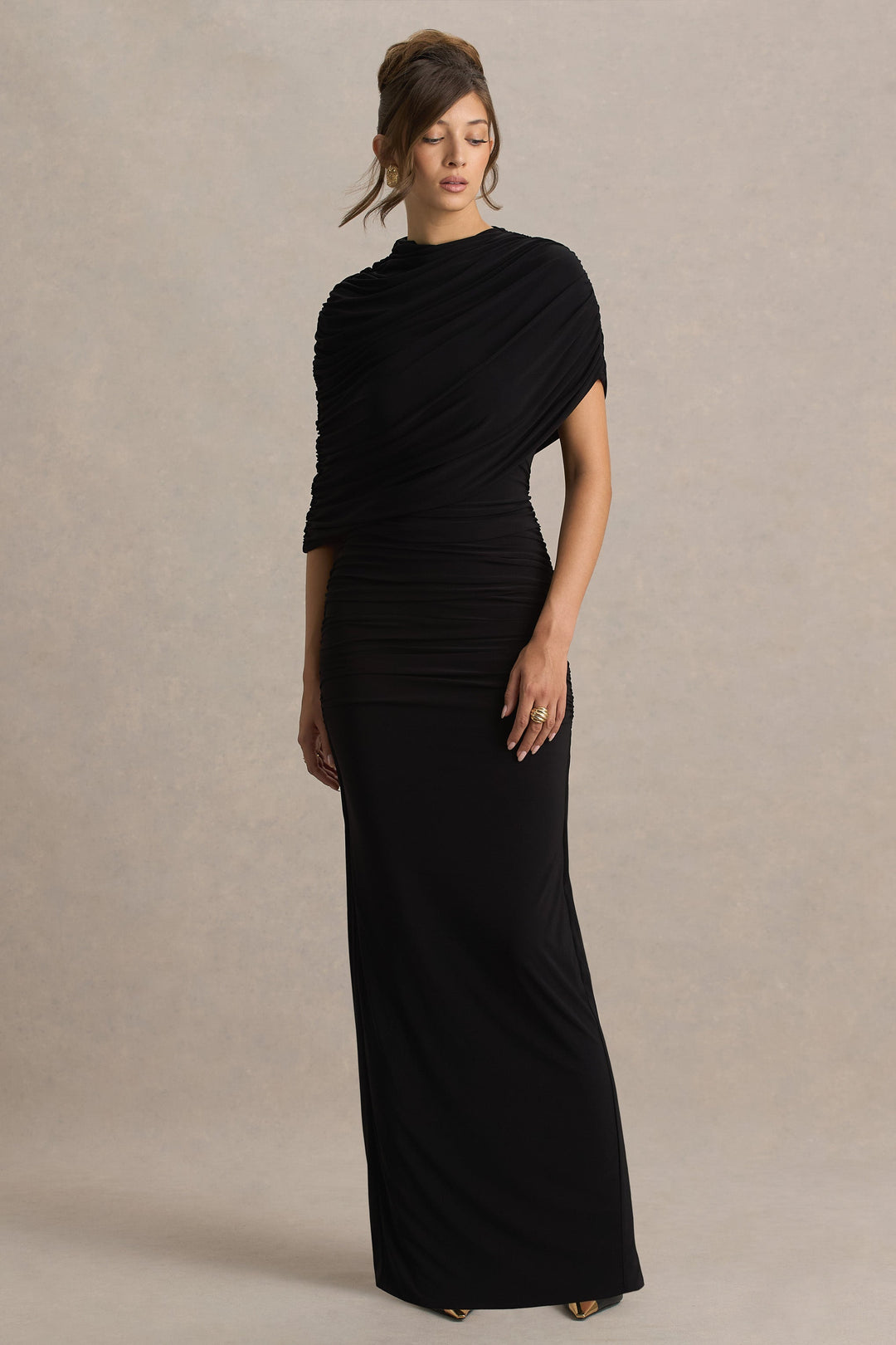 Glitz | Black High-Neck Maxi Dress With Cape Sleeve and Ruched Detail