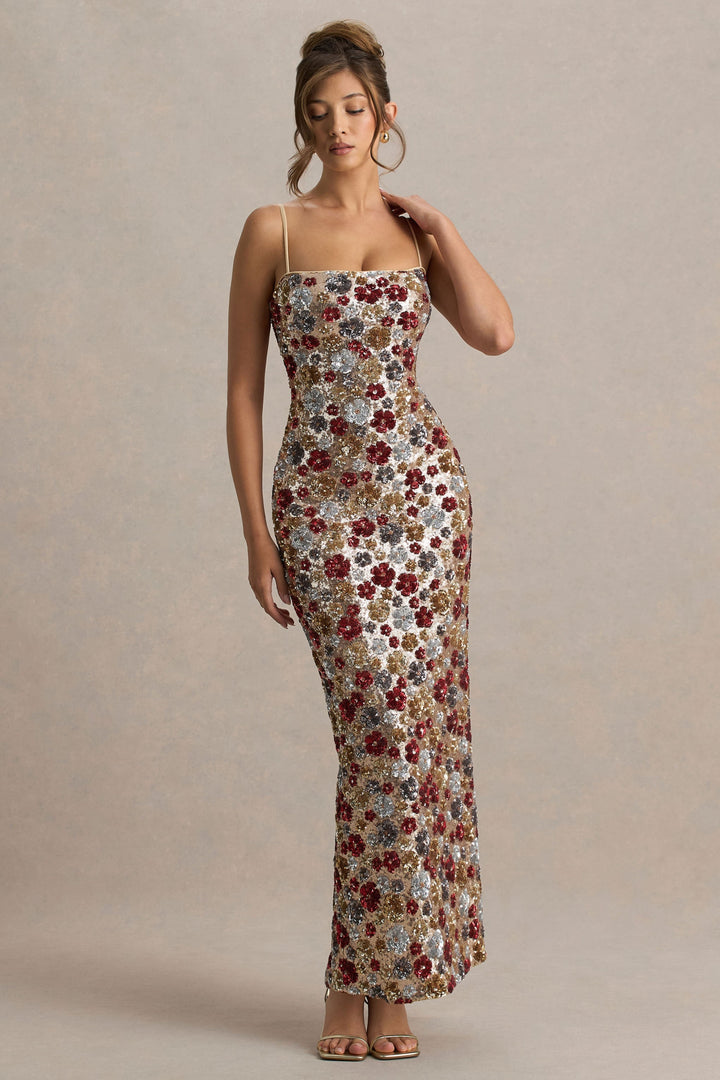 Vitora | Red Floral Embellished Sequin Square-Neck Maxi Dress