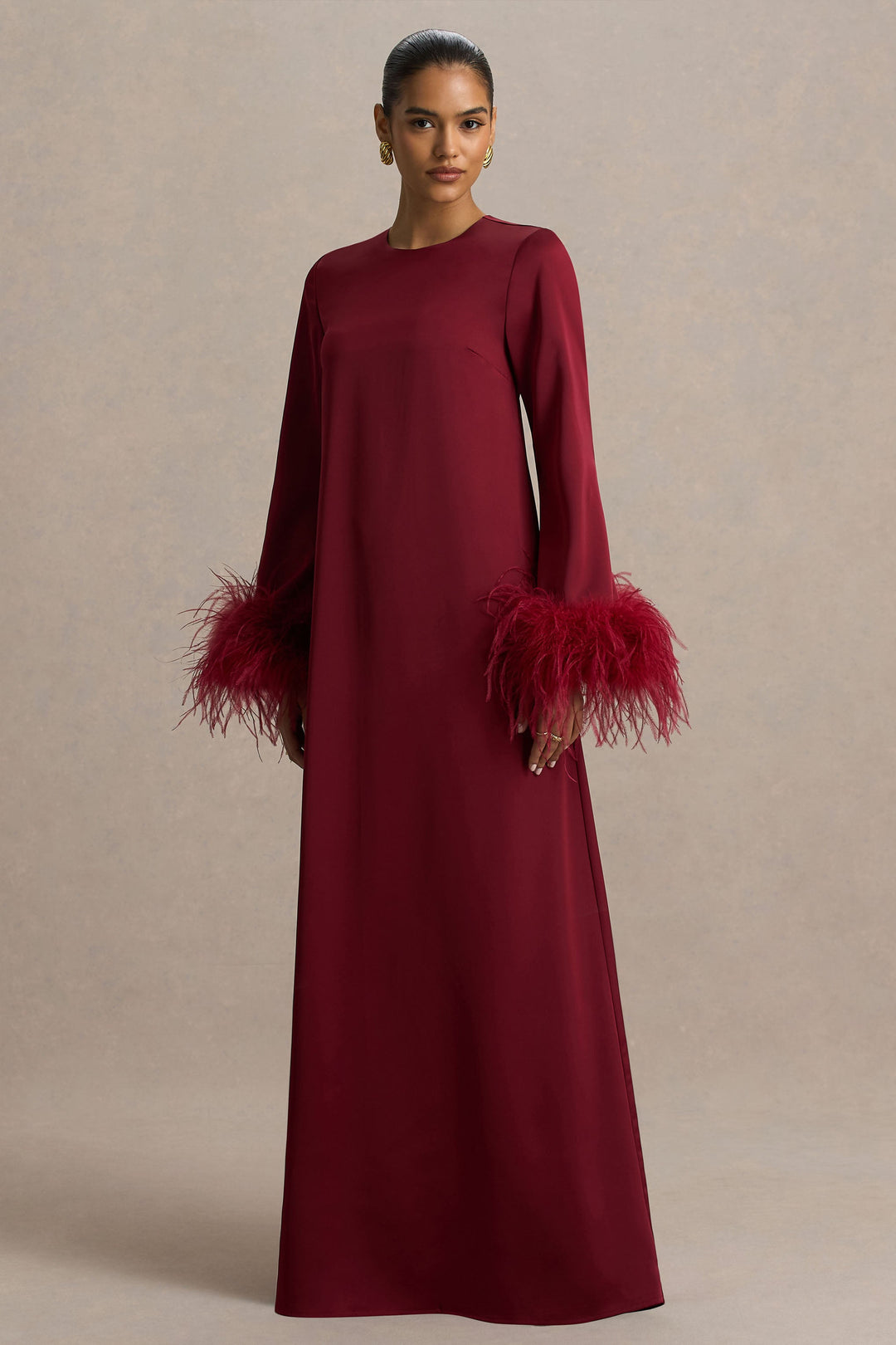 Adella | Burgundy Satin Feather-Trim Maxi Dress