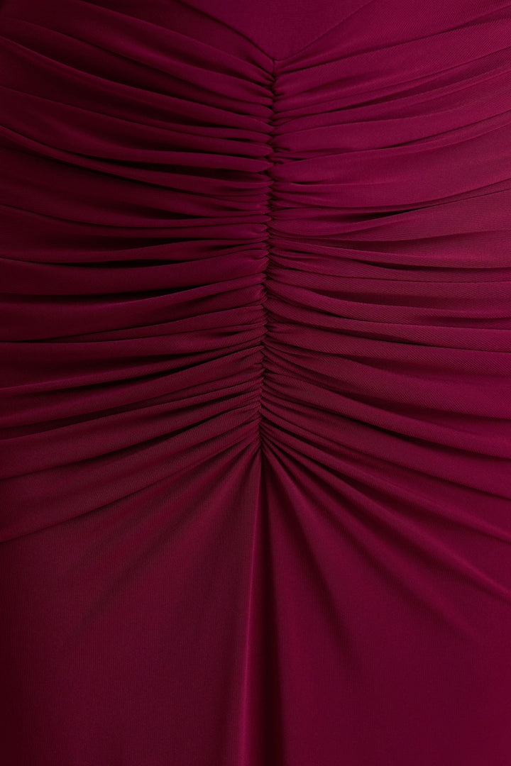 Premiere | Burgundy Boat-Neck Maxi Dress With Open-Back And Cape-Sleeves