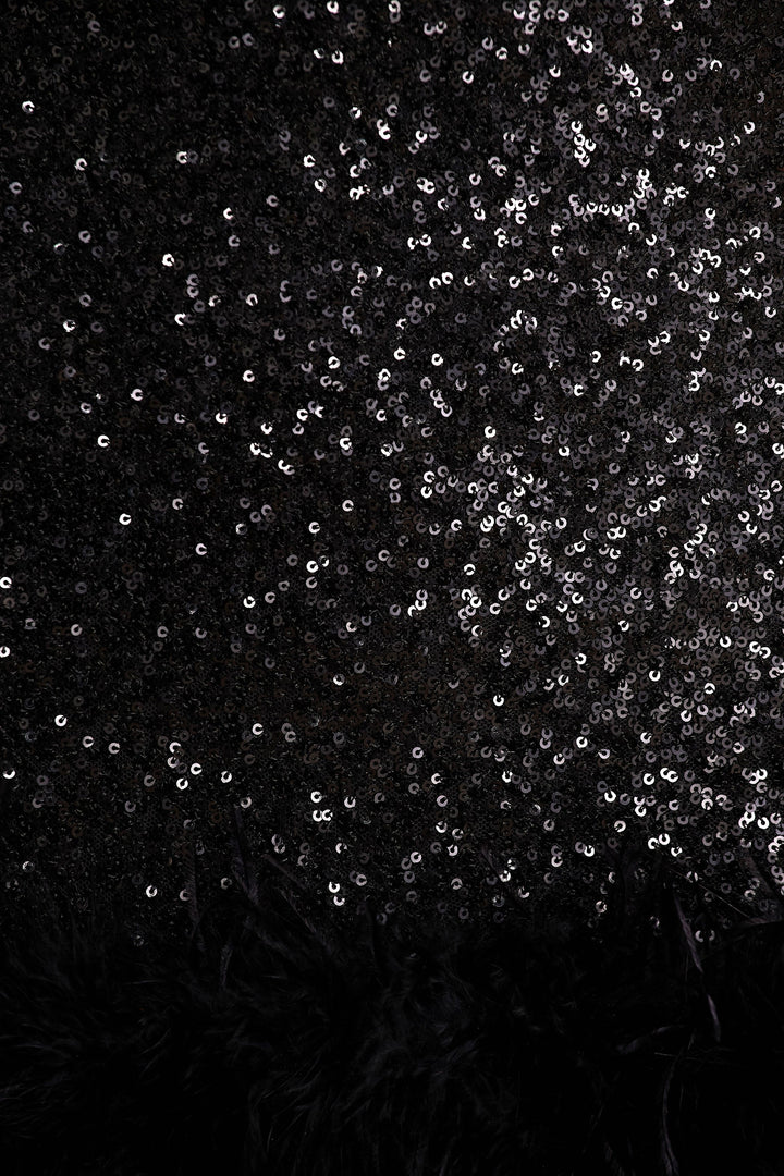 Rosalinda | Black Sequin Square-Neck Mini Dress With Feather Trim