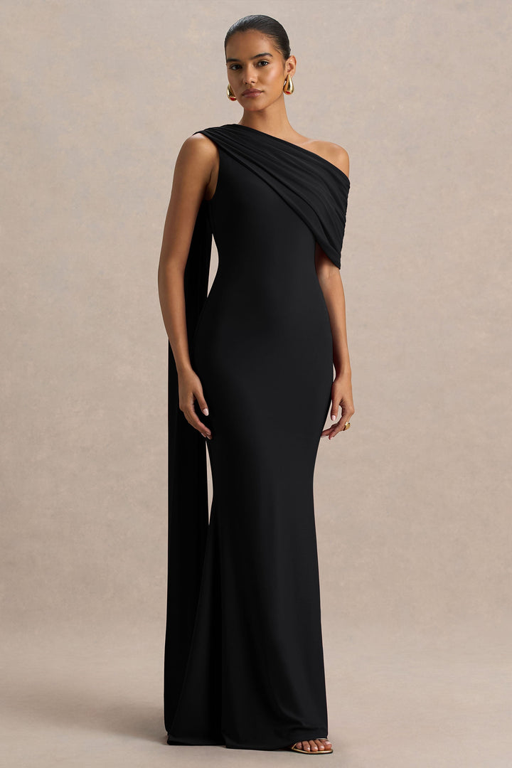 Zendaya | Black Asymmetric-Neck Fishtail Maxi Dress With Sash