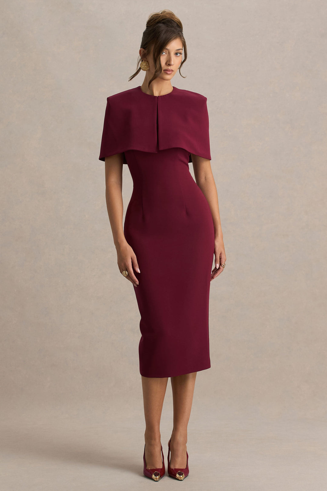 Baylor | Burgundy Midi-Dress With Removable Cape