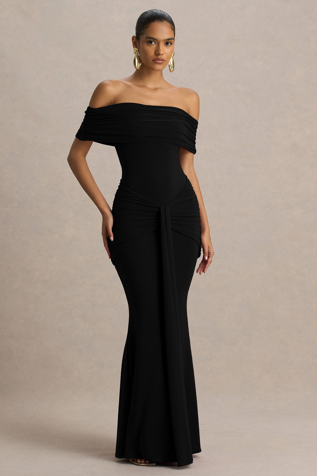 Envisioned | Black Bardot-Neck Maxi Dress With Gathered And Drape Detail