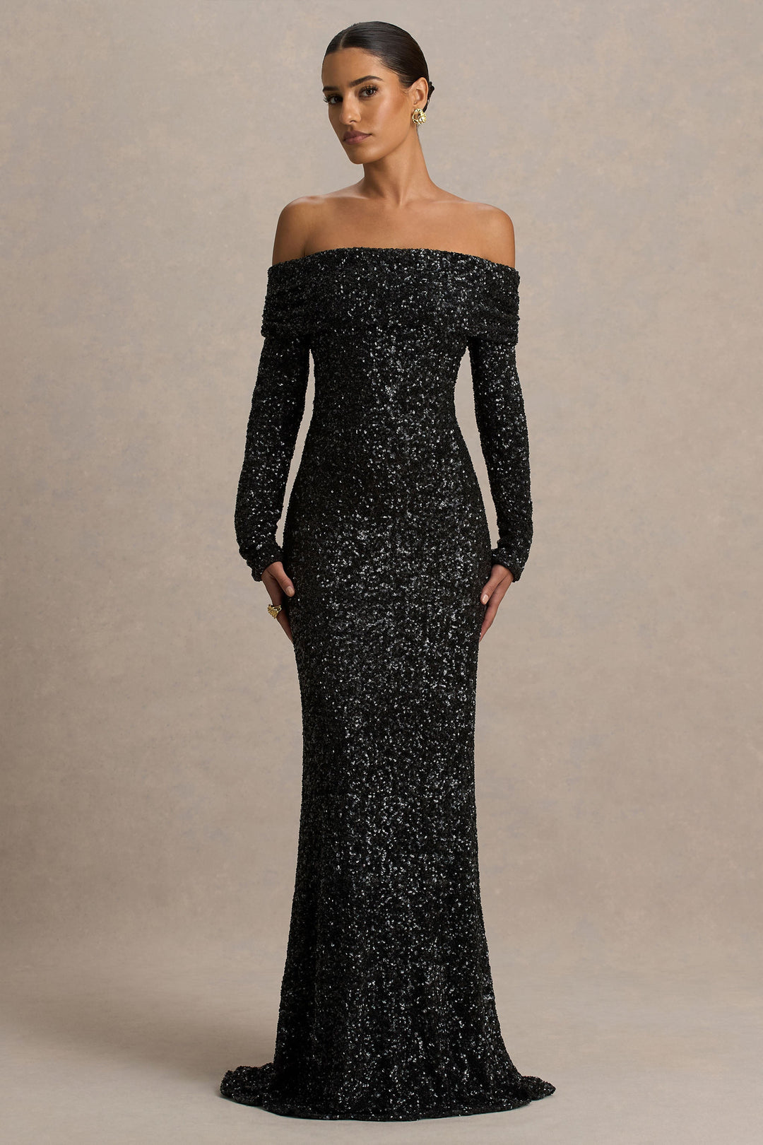 Obsession | Black Sequin Bardot-Neck Maxi Dress With Long Sleeves