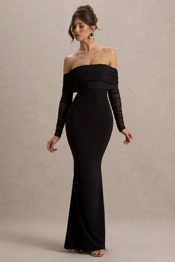 Madeleine | Black Fishtail Maxi Dress With Bardot Mesh Long Sleeves