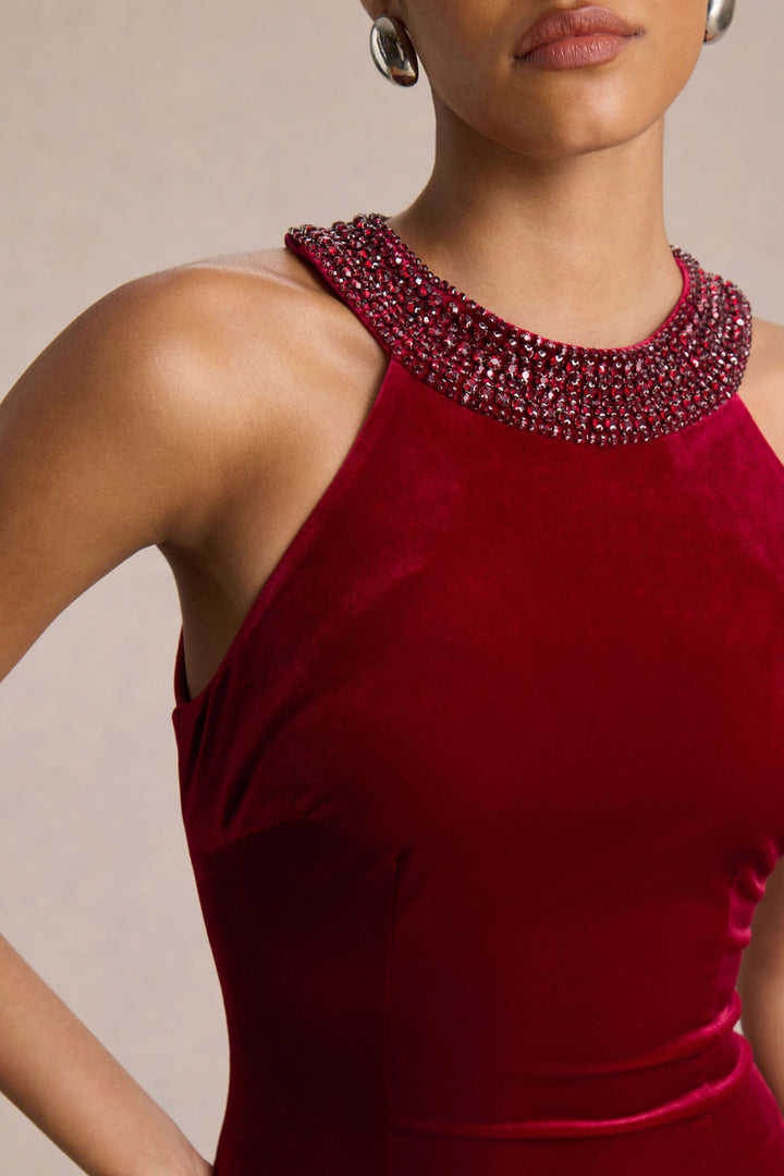 Darya | Burgundy Velvet Embellished High-Neck Maxi Dress
