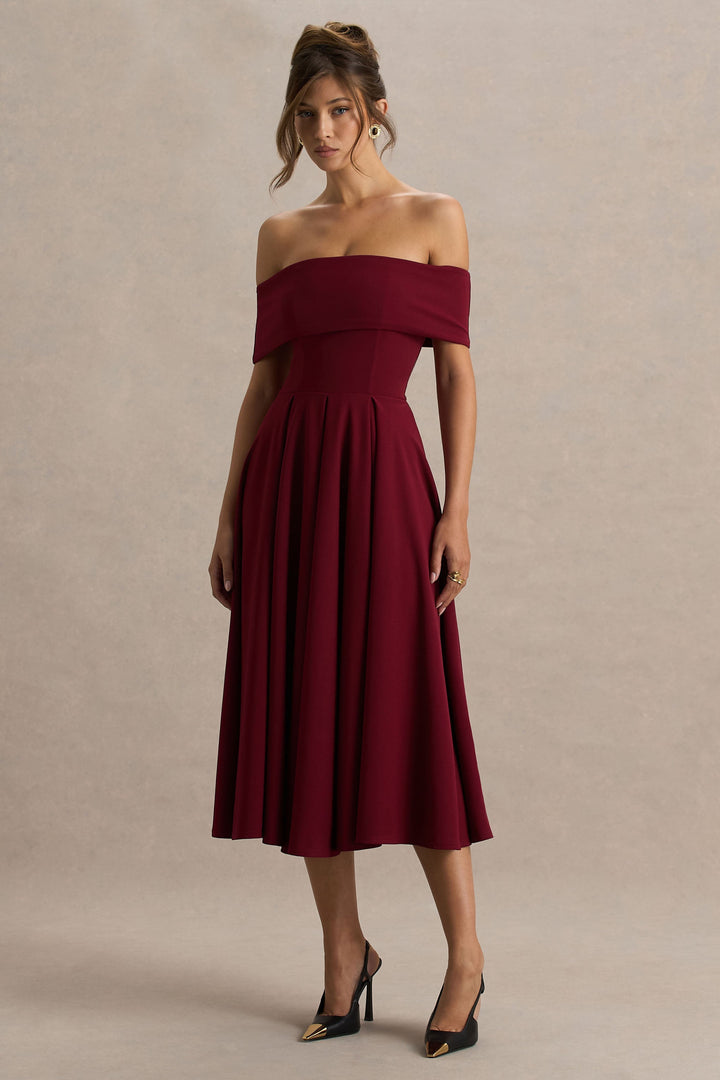 Isabella | Burgundy Bardot-Neck Midi Dress